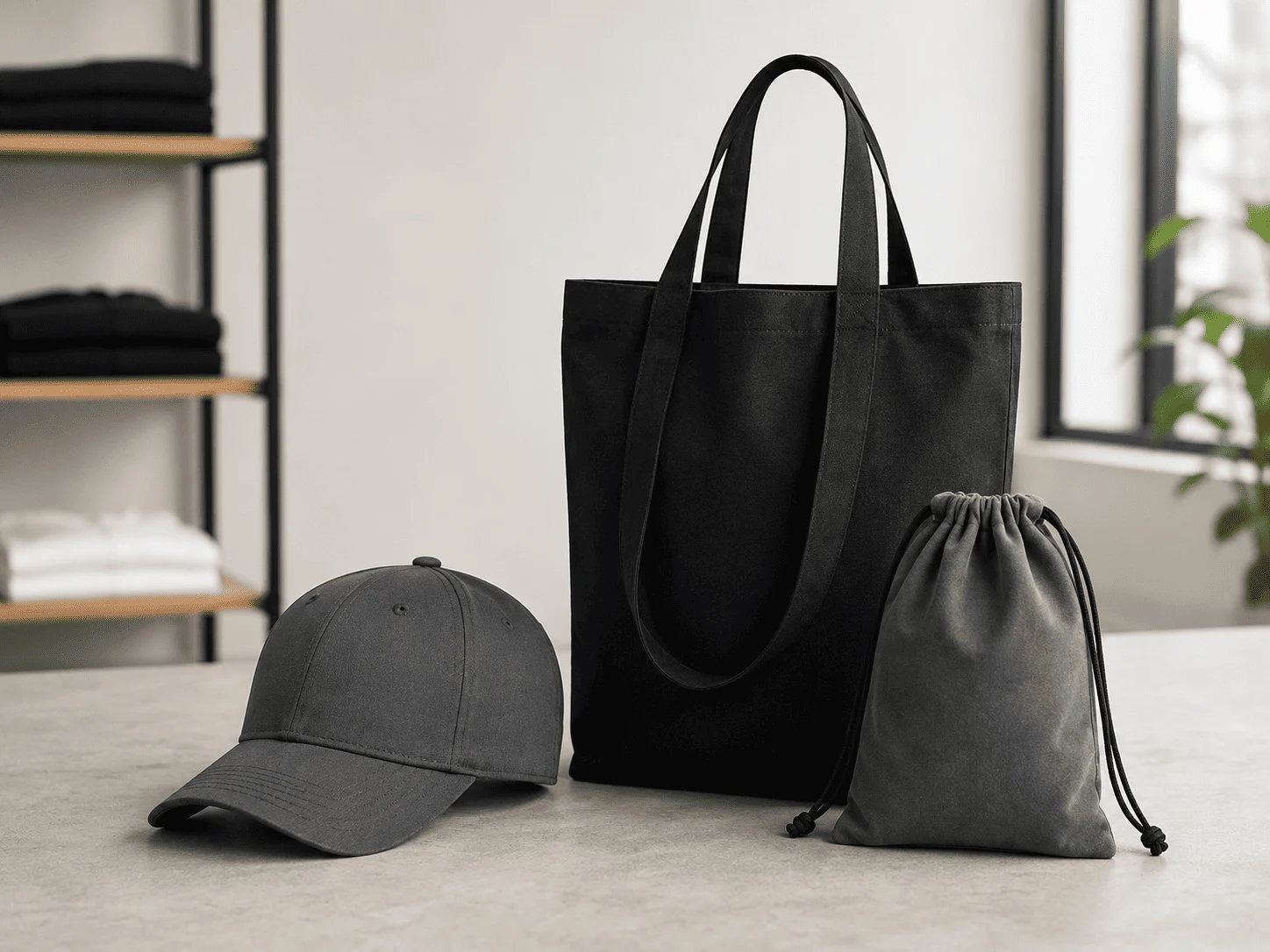 Corporate merchandise including caps and bags